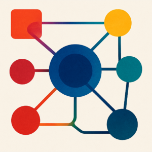 Stilisiertes Netzwerkdiagramm mit farbigen Kreisen und einem zentralen blauen Knoten, verbunden durch bunte Linien. Symbolisiert zentrale Steuerung, Vernetzung und Koordination – ein visuelles Sinnbild für die Vorteile einer Zentralrepro.